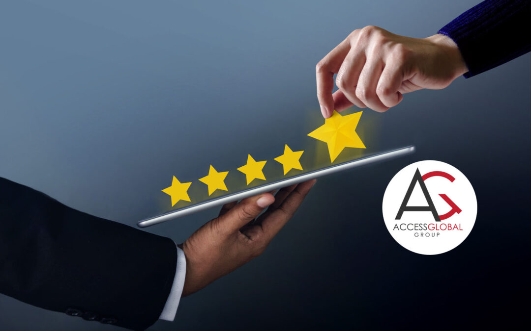 Customer Experience Concept. Best Excellent Services for Online Satisfaction Survey present by Hand of Client giving a Five Star Rating on Digital Tablet